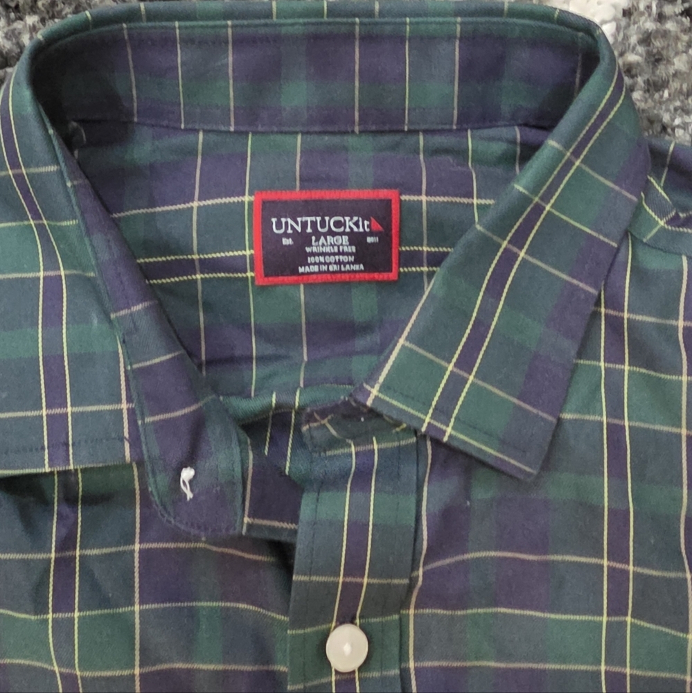 Untuckit Men's Size Large Langdon-WF Plaid Blue and Green Long Sleeve Shirt Sz M
